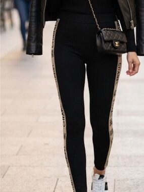 Women’s Black Logo-Trim Leggings with Cream Side Stripes
